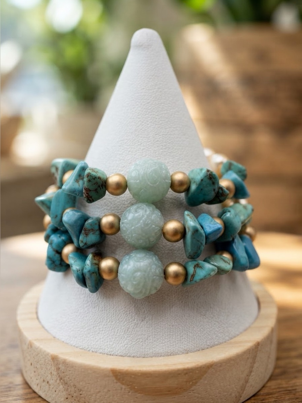 3-Piece Boho Turquoise Blue Stretch Bracelet Set | Gold Faux Pearl Beaded